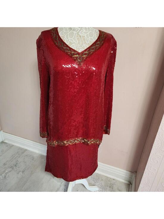joan leslie Other - NWT Joan Leslie Vintage Red Silk Sequin 2 Piece Skirt Set XL Holiday Glam